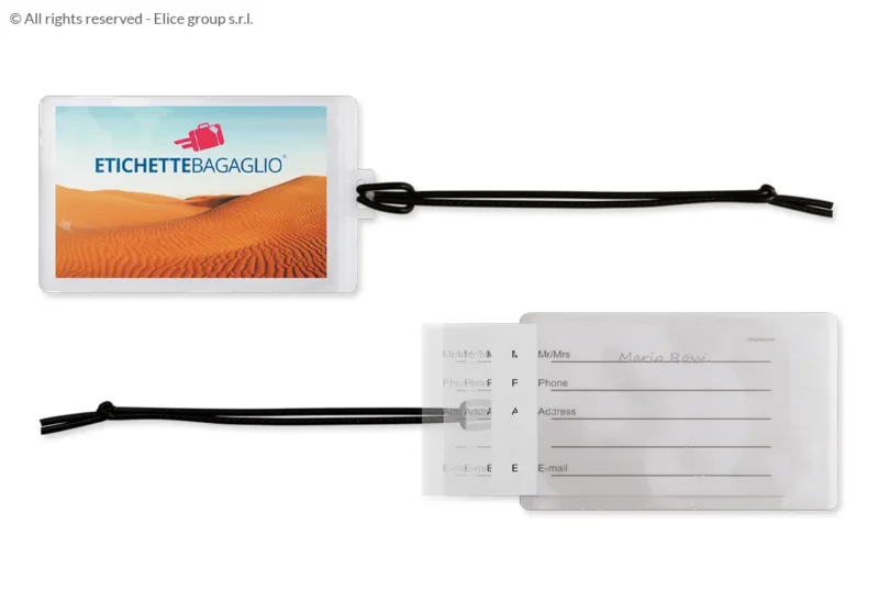 Etichetta Bagaglio PVC Trasparente con Laccetto in Tessuto
