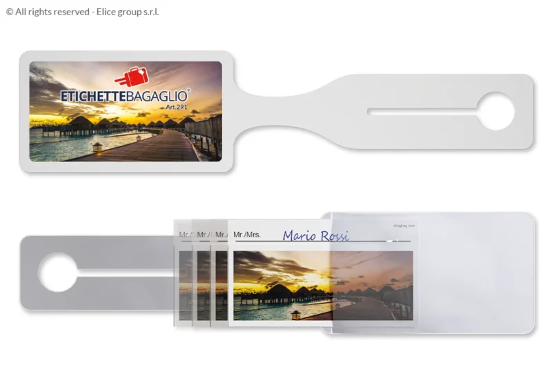 Etichetta bagaglio con cartoncino privacy e tasca trasparente